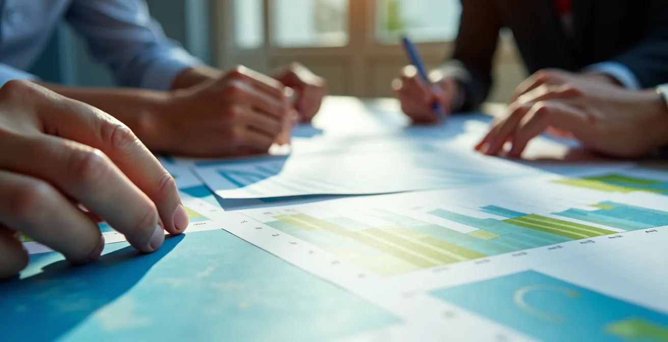 Close-up view of hands analyzing colorful competency assessment charts