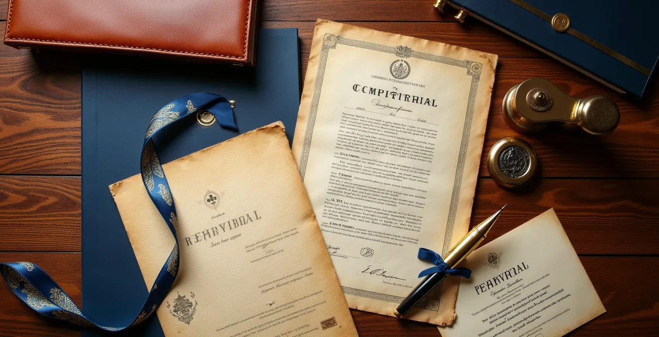Overhead view of business registration paperwork spread on desk with Quebec corporate seal