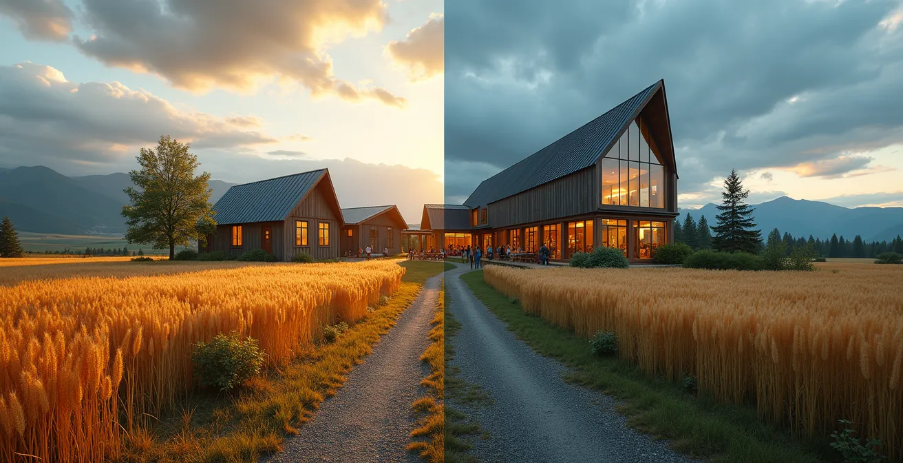 Split scene showing rural Saskatchewan community gathering versus urban Vancouver lifestyle