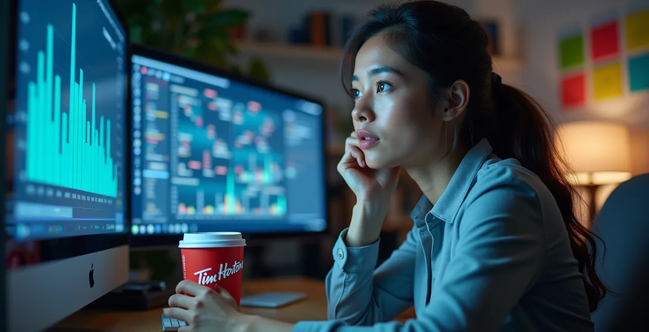 Business professional analyzing customer sentiment data patterns on multiple screens in Canadian office setting