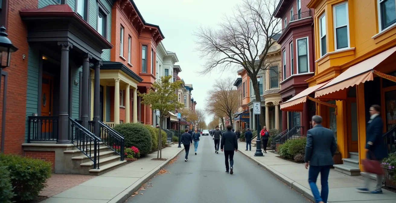 Street view of culturally diverse Canadian neighborhood with various cultural storefronts