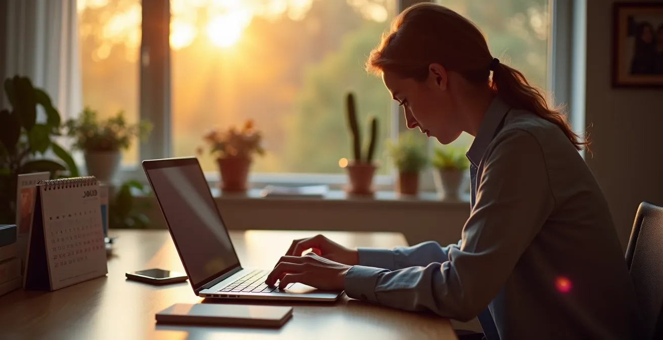 Professional working from home office at dusk with closed laptop symbolizing work-life balance
