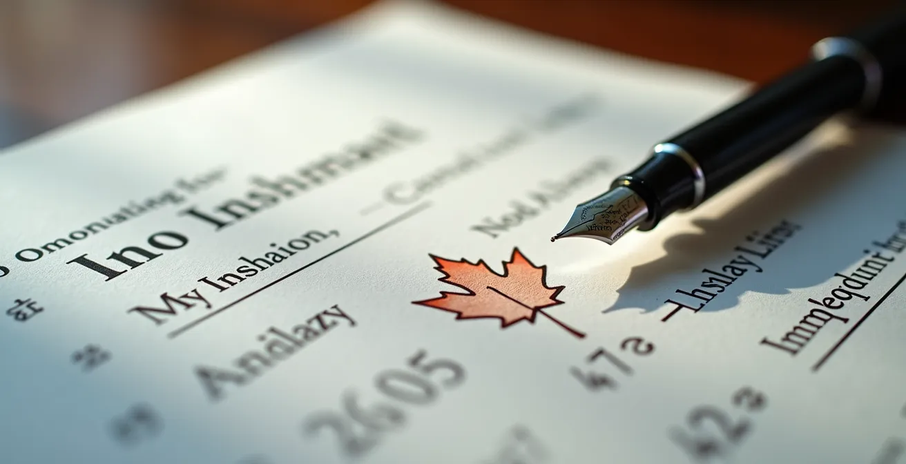 Close-up of financial documents with Canadian maple leaf watermark showing estate freeze calculations