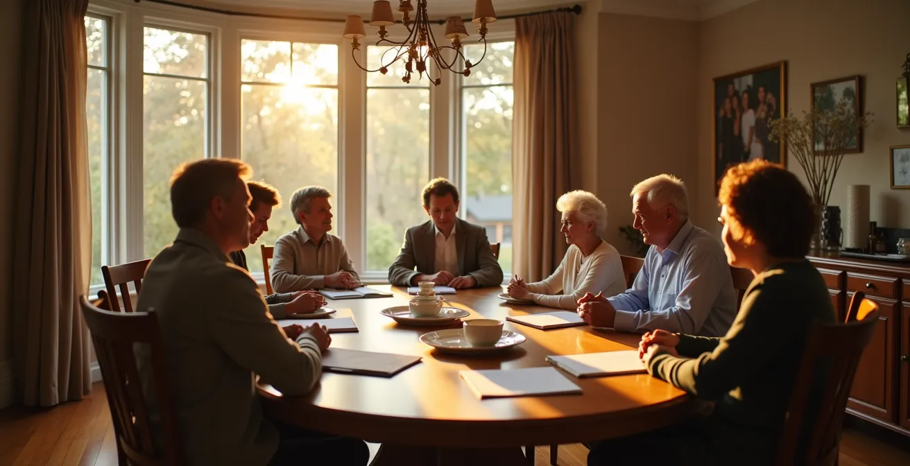 Multi-generational family gathered around dining table in serious business discussion during golden hour