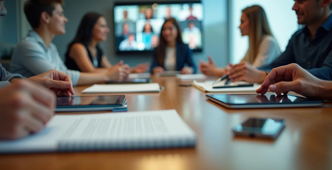 Close-up view of hands arranging meeting materials with remote participants visible on tablets in the background