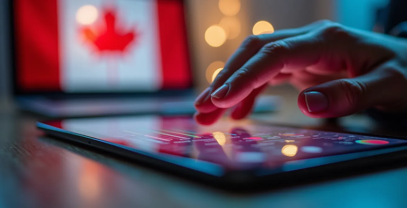 Close-up of hands navigating competitor analysis interface on tablet with Canadian map regions highlighted