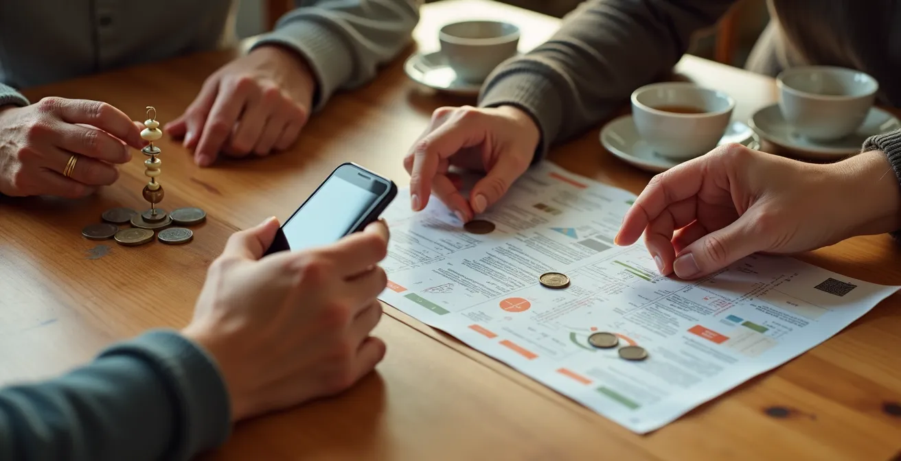 Multi-generational immigrant family reviewing financial documents together at home
