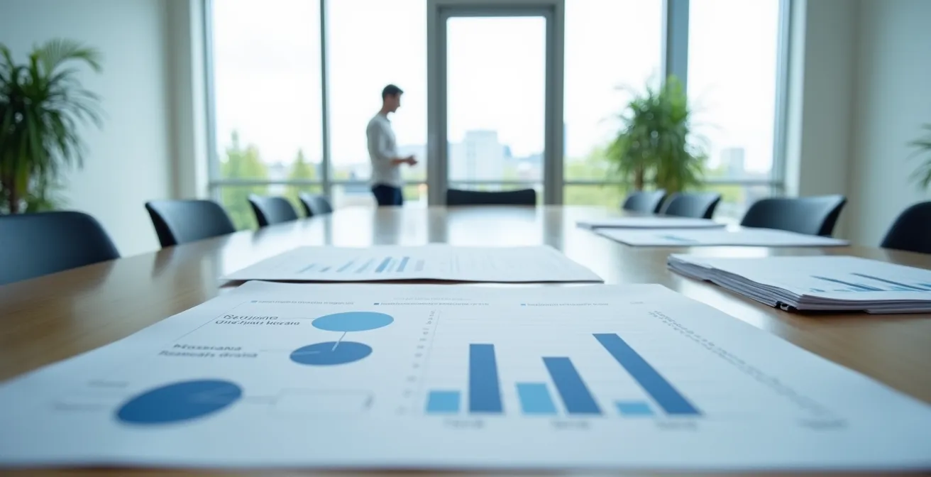 Wide shot of modern Montreal business office with pricing compliance materials displayed