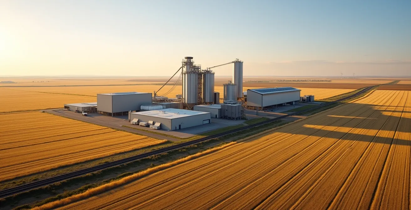 Modern protein processing facility in Saskatchewan prairie landscape