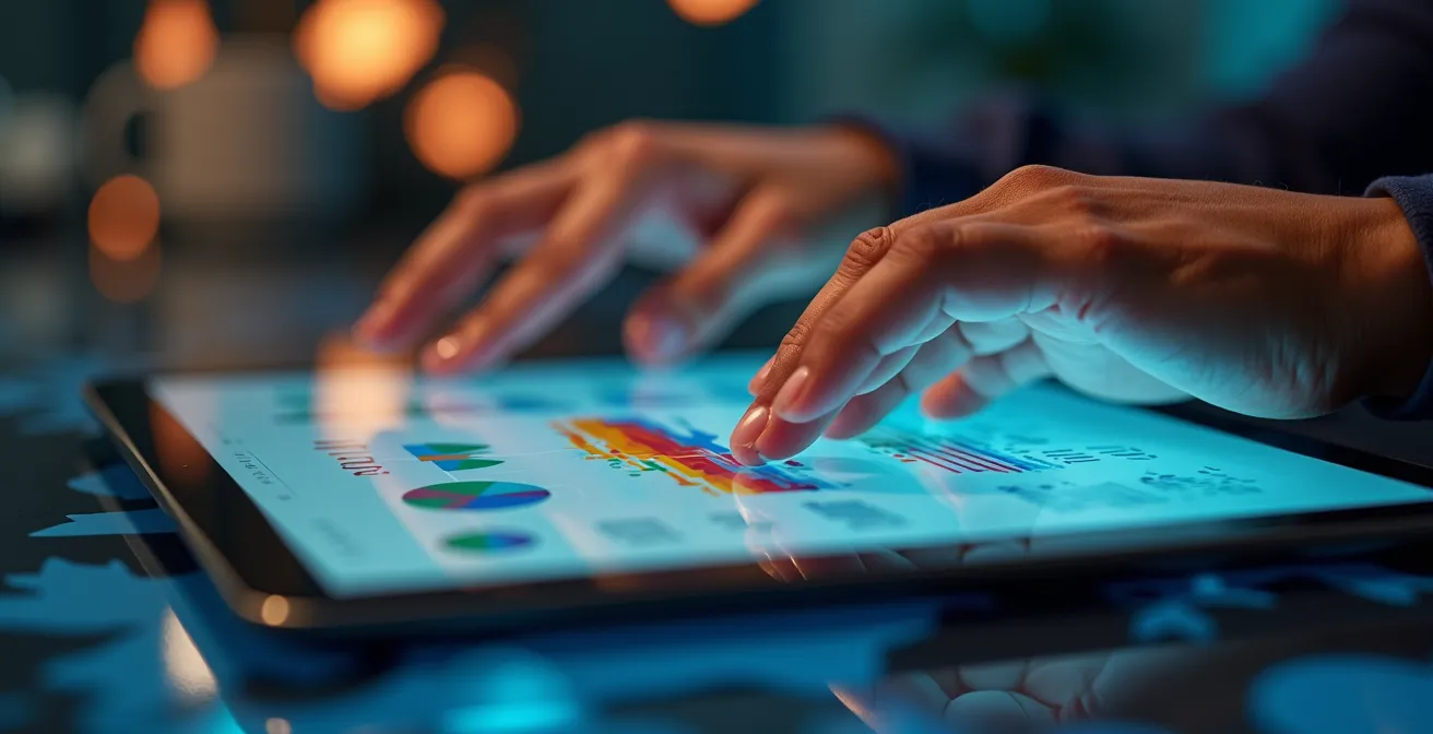 Close-up of hands analyzing Canadian demographic data on tablet with charts