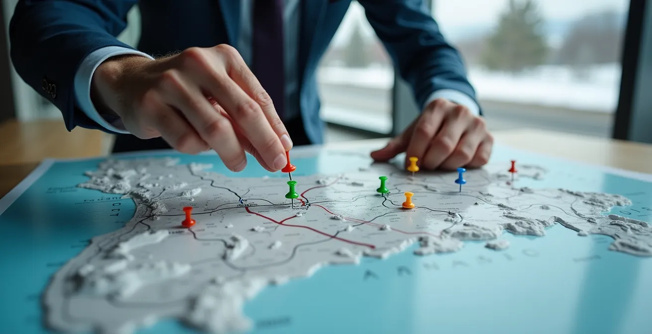 Logistics manager reviewing digital route planning system showing alternative highway options across Canadian provinces