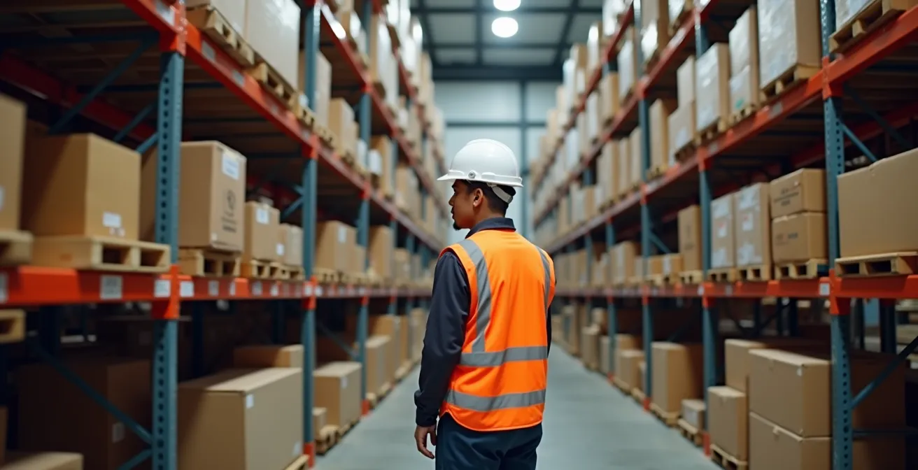 Human perspective in modern Canadian distribution warehouse showing strategic inventory placement