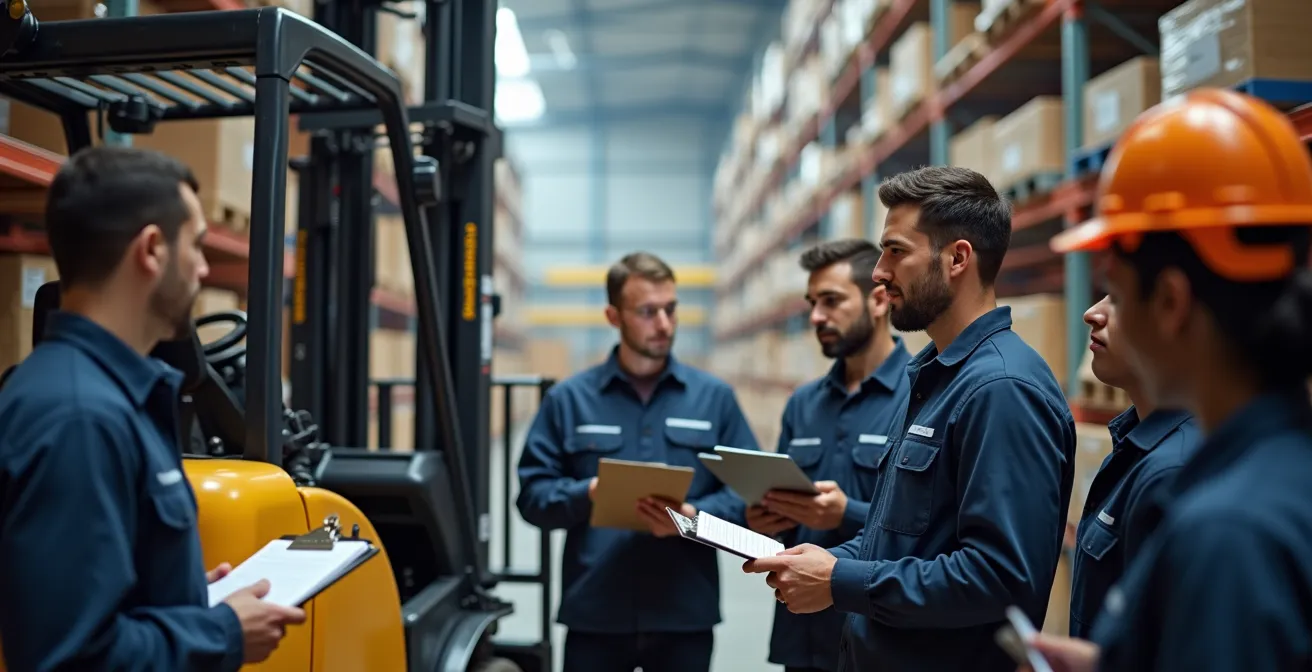 Diverse warehouse team participating in equipment training session during slower January period