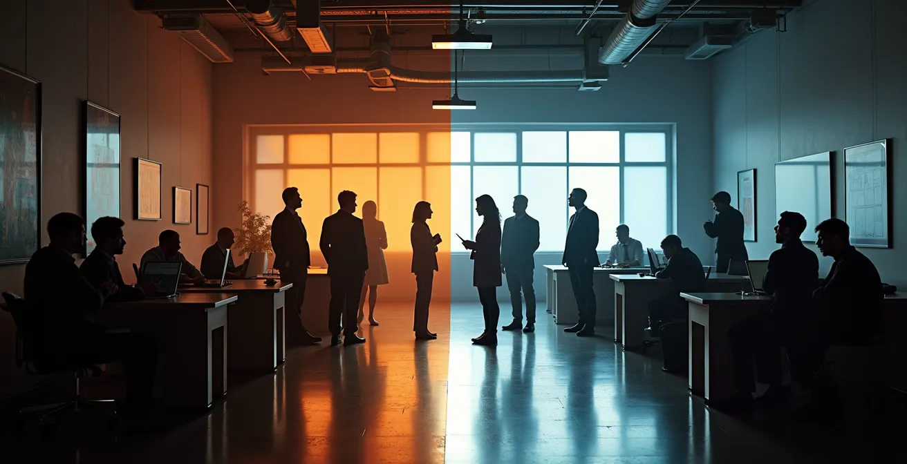 Split composition showing shallow corporate diversity facade versus deep-rooted inclusive workplace culture