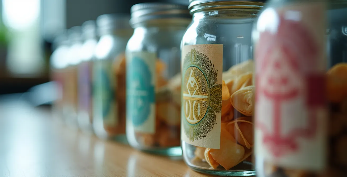 Modern banking app interface showing automated savings transfers and digital envelope system