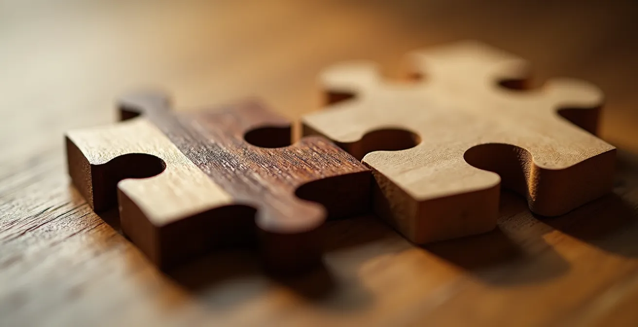 Extreme close-up of interlocking puzzle pieces representing business merger