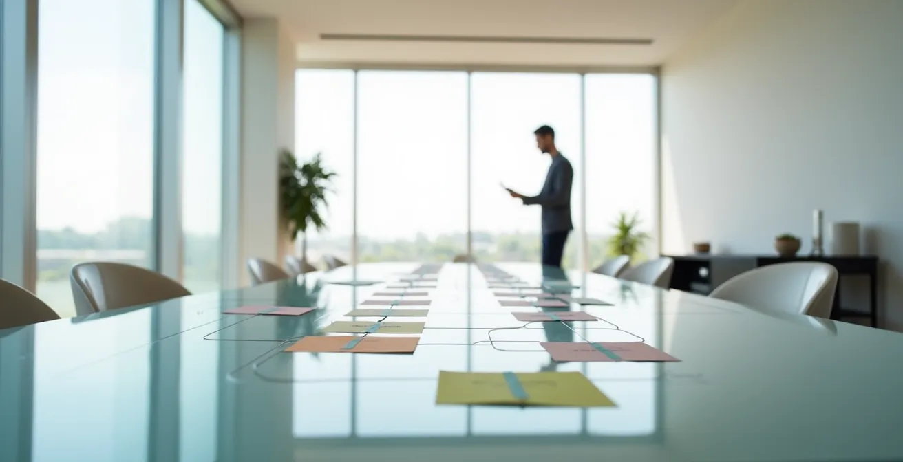 Wide shot of organized workspace showing systematic business analysis process