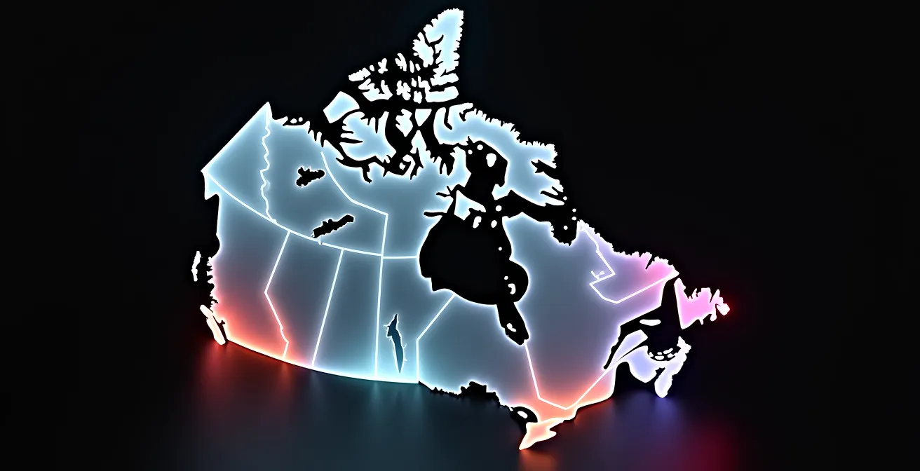Abstract visualization of Canadian provinces with varying tax requirements highlighted through color gradients