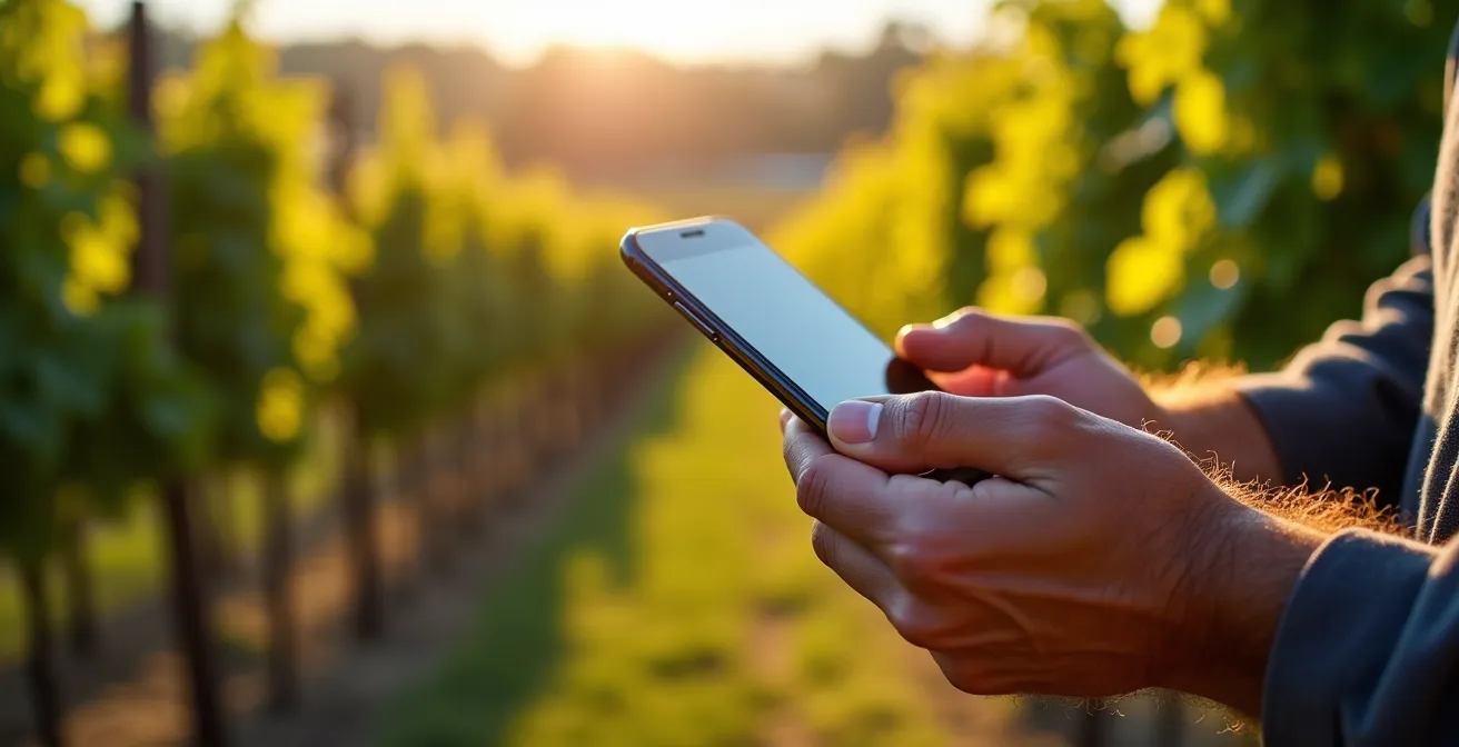 Close-up of hands holding a smartphone displaying a digital passport interface against a blurred background of vineyard rows in the Okanagan Valley