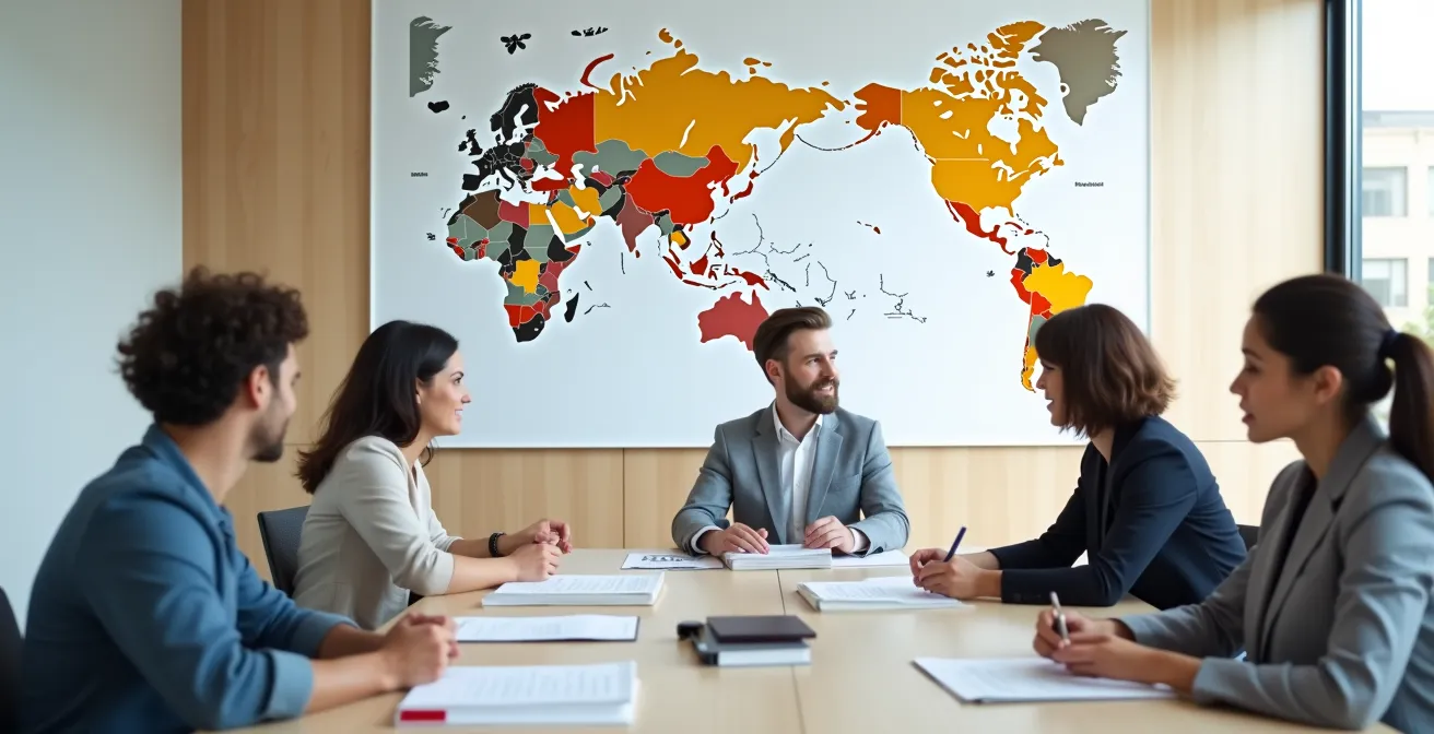 Business team collaborating on grant application documents in bright conference room with community development maps