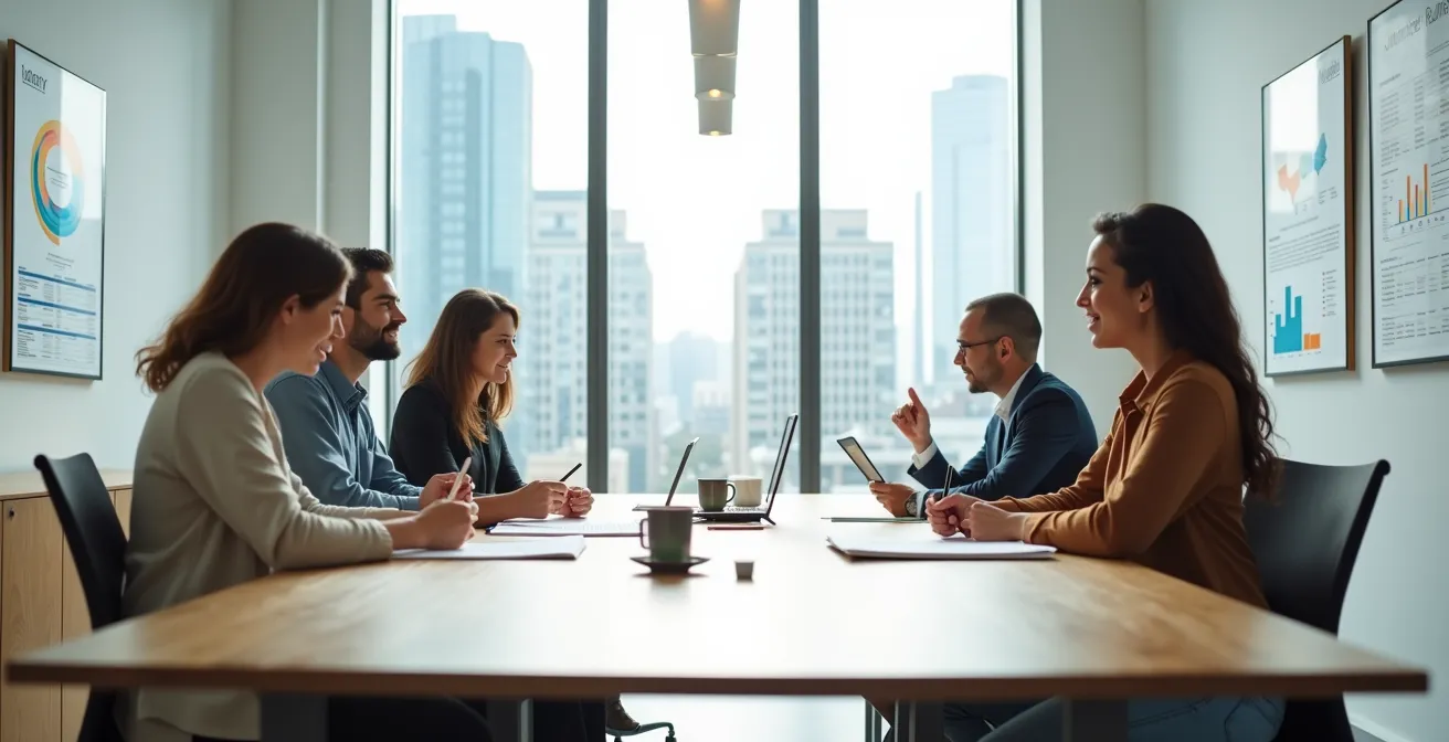 Diverse team collaborating on grant application strategy in modern Canadian office