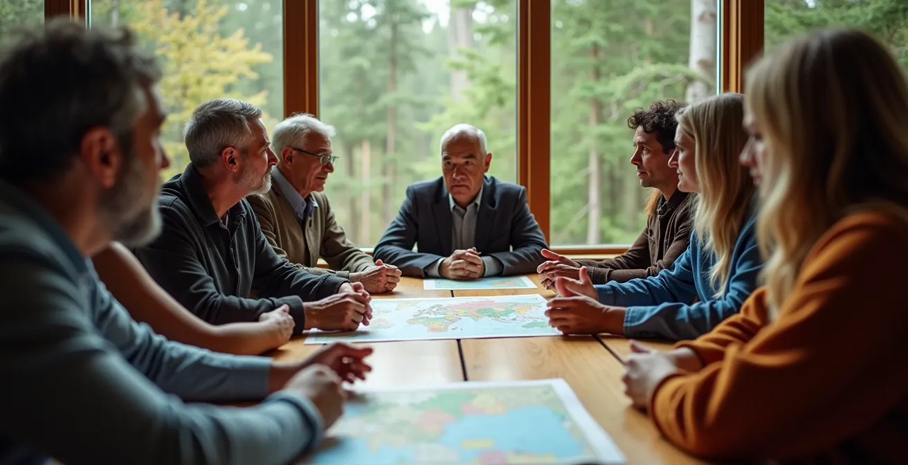 Business executives meeting with Indigenous leaders and conservation experts around a natural wood table