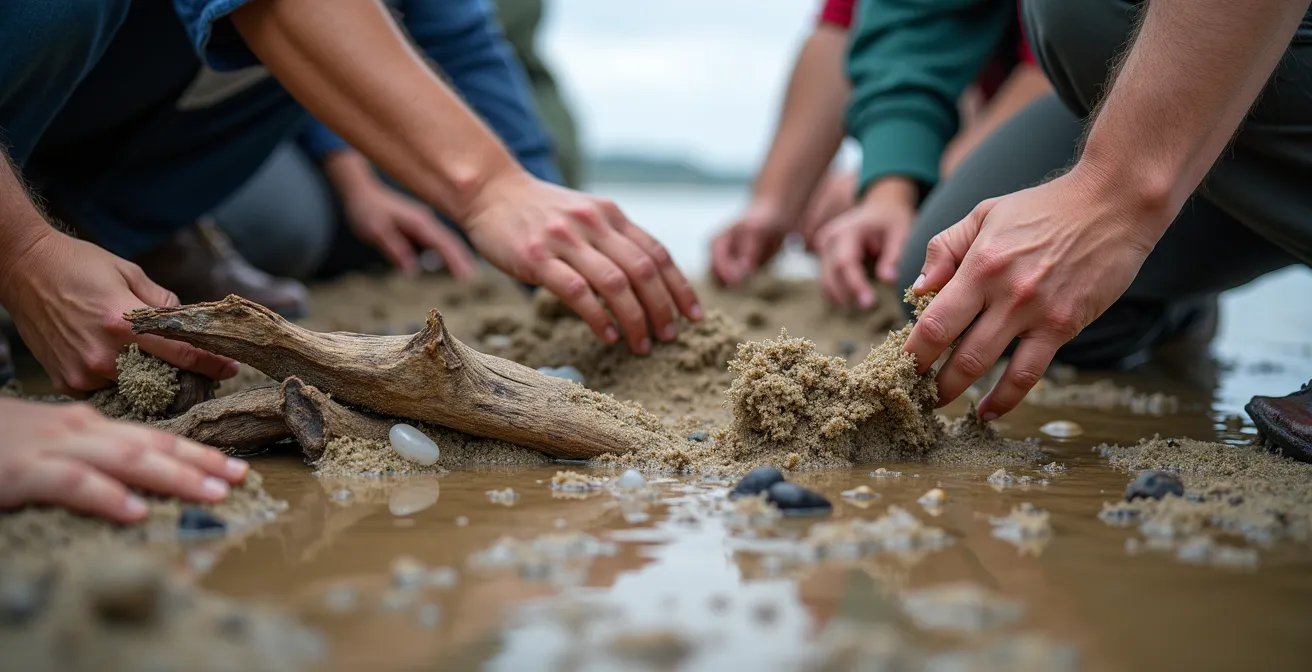 Diverse group of corporate volunteers conducting scientific shoreline cleanup along Great Lakes waterfront