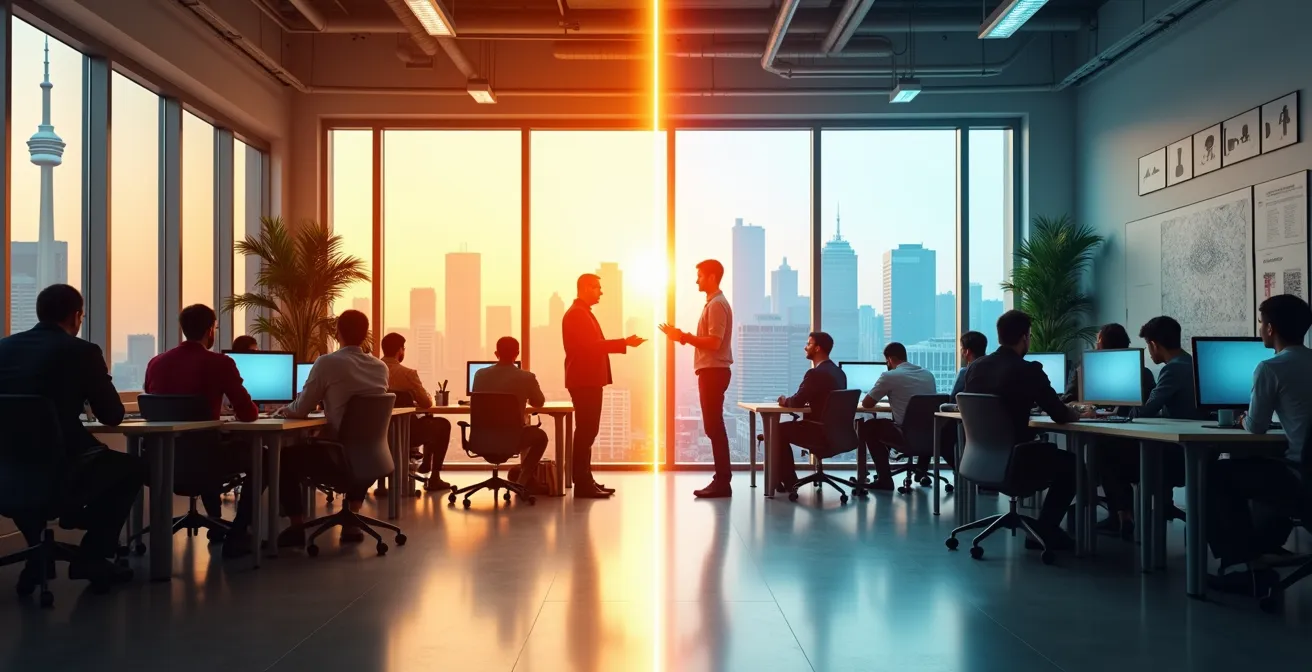 Split-screen view of tech teams collaborating between a Toronto office and a US location