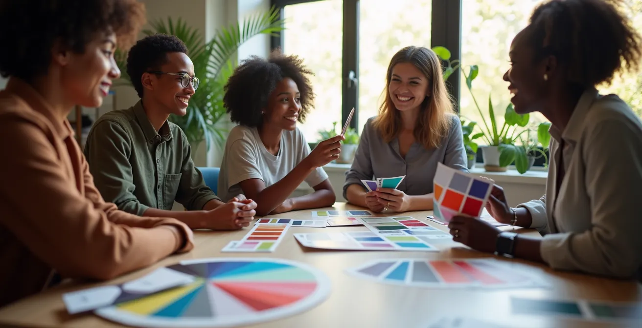 Business team reviewing color palettes and cultural symbols for market adaptation