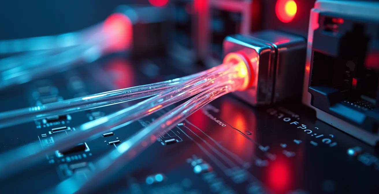 Extreme close-up of fiber optic cables and network equipment showing data transmission