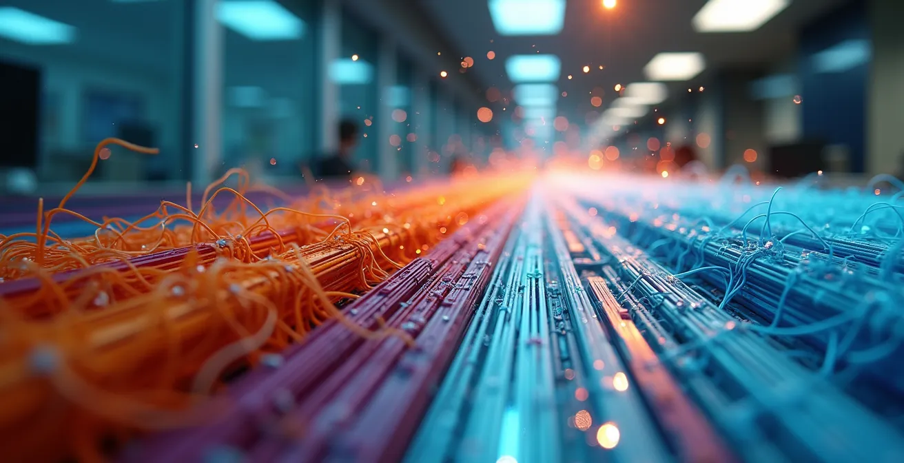 Close-up macro shot of organized data visualization showing transformation from chaotic to structured information