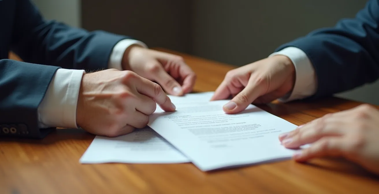 Close-up of professional hands exchanging documents in Canadian business setting