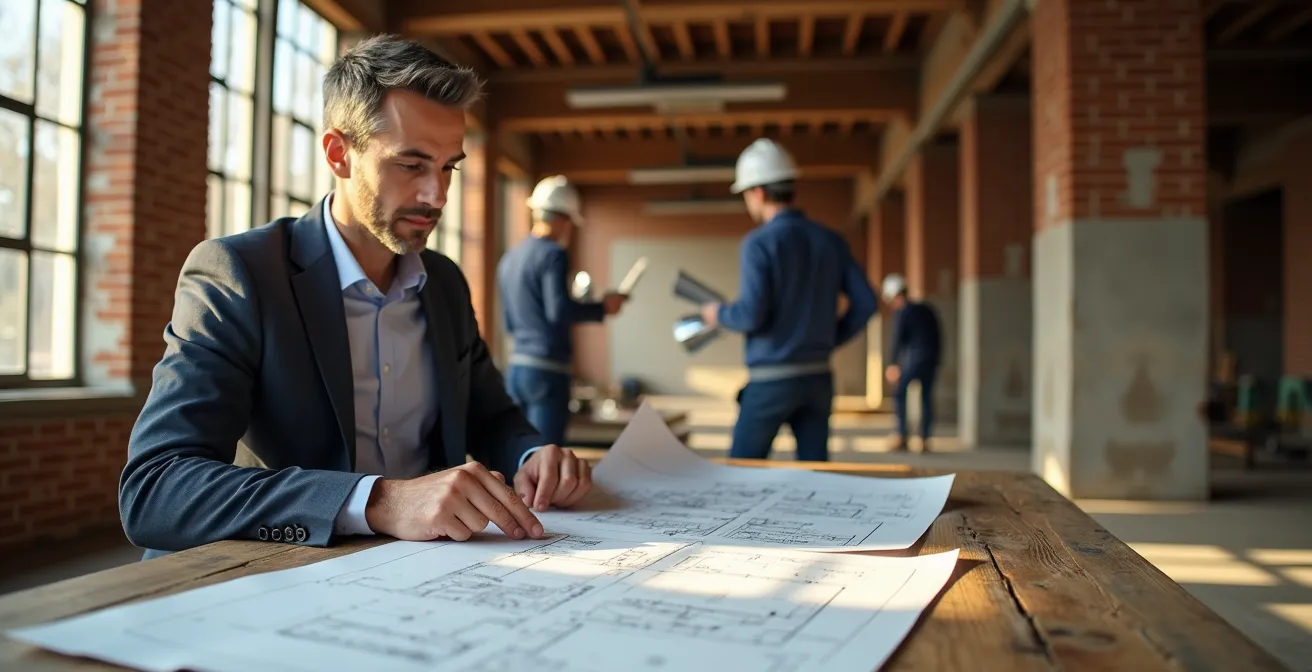 Professional heritage consultant examining building plans at historic property renovation site