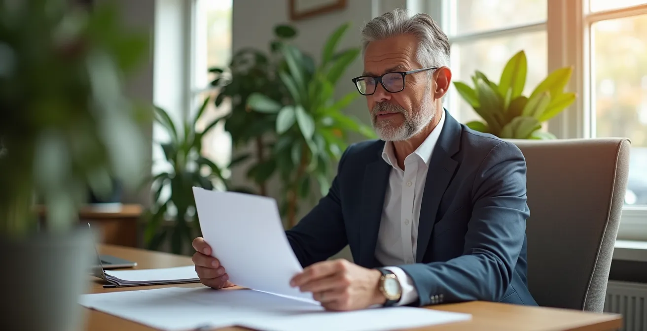 Business owner at desk reviewing documents with warm natural lighting