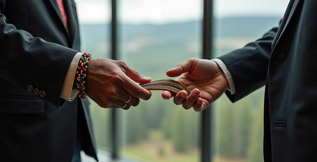 Indigenous and corporate leaders reviewing IBA documents together