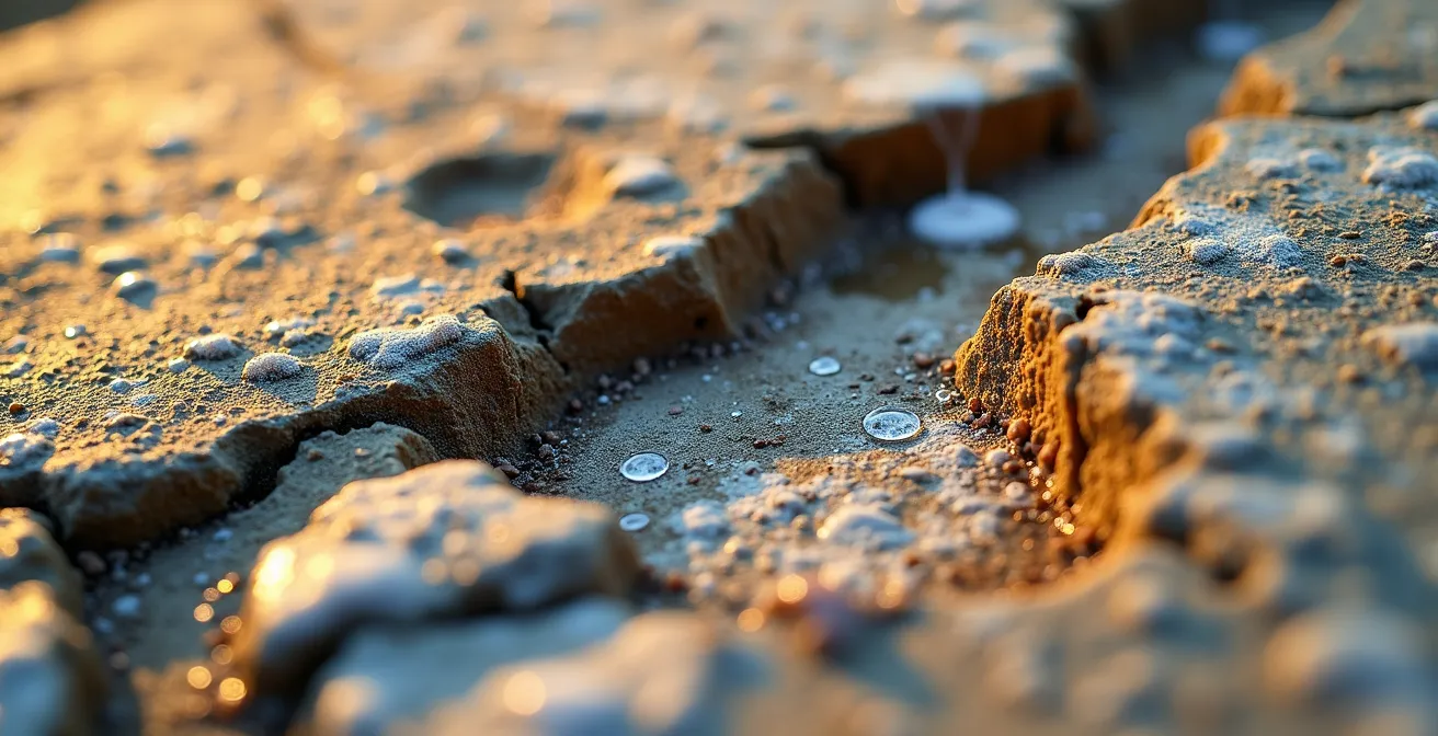 Extreme close-up of heritage building stone foundation showing freeze-thaw cycle damage patterns