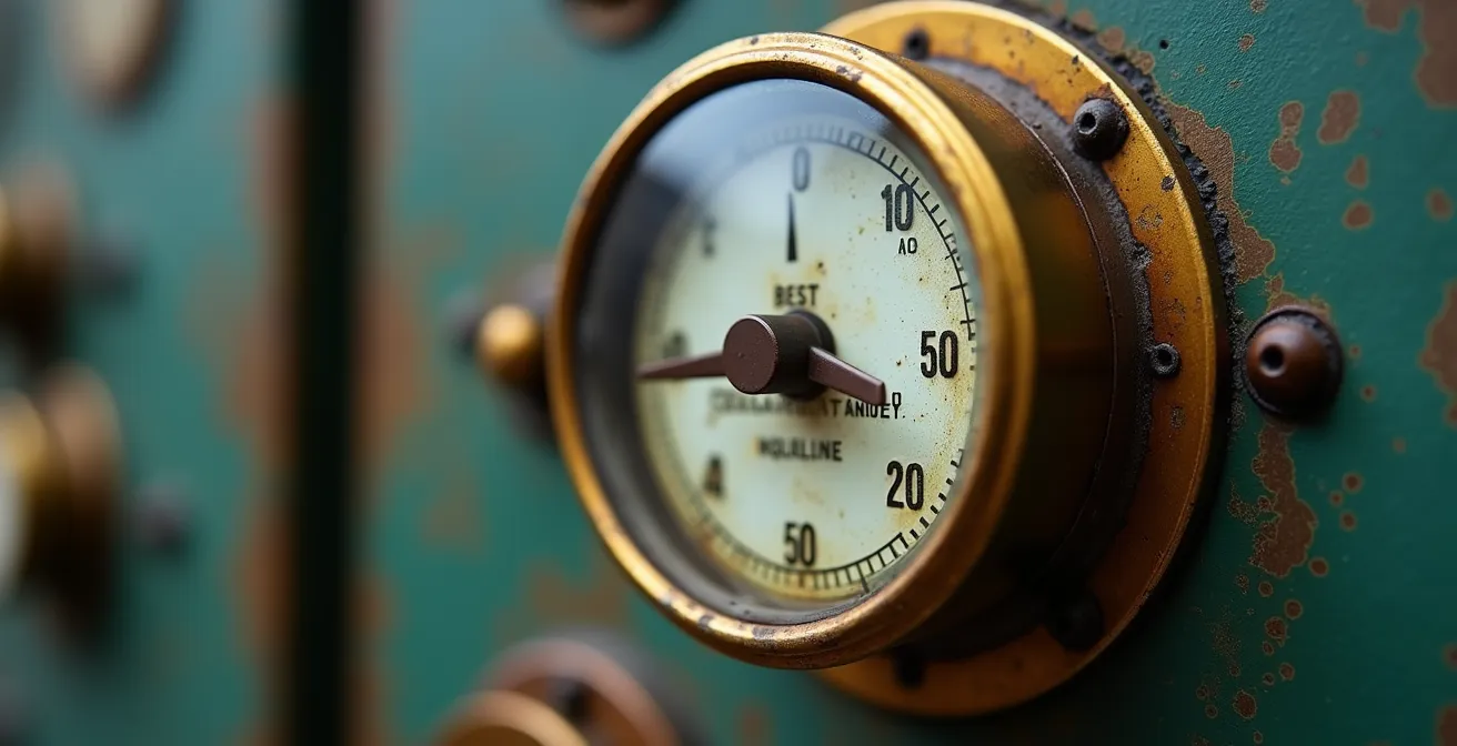 Extreme close-up of utility meter dial with dramatic lighting showing precise measurement