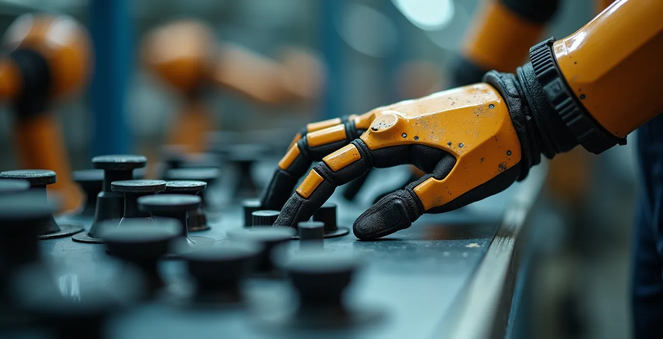 Factory worker learning to operate collaborative robot with hands-on training