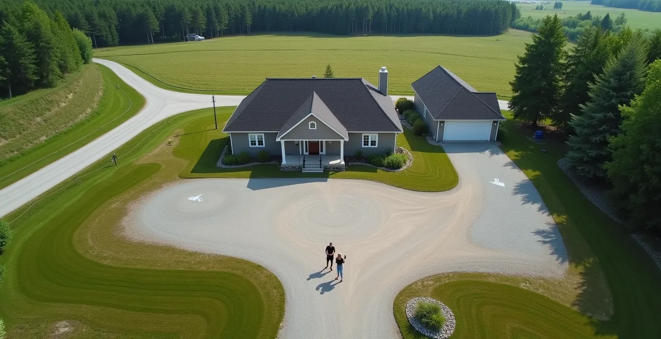 Aerial drone view of a Canadian property with annotated zones for film production logistics
