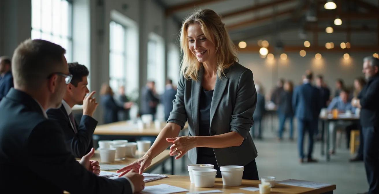 Reverse trade show event with corporate buyers at booths and local suppliers presenting