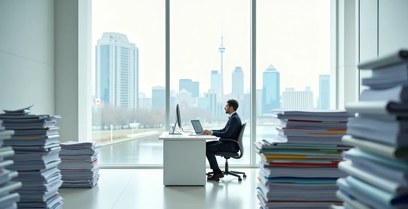 Professional reviewing detailed compliance documents in Canadian government office