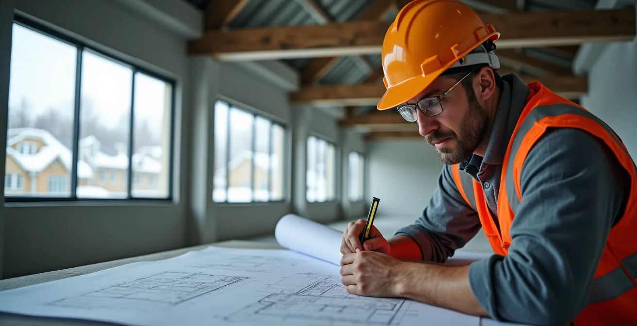 Professional engineer inspecting commercial building roof structure for solar panel installation
