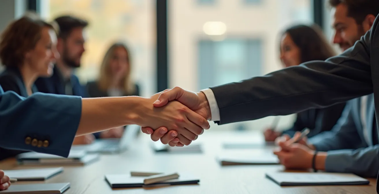 Business professionals shaking hands in a collaborative meeting environment