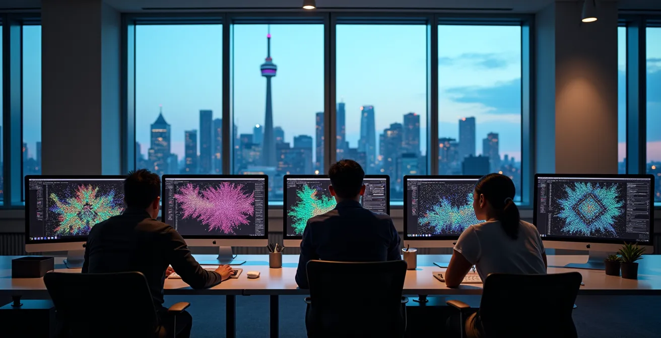 Modern Toronto tech office with developers collaborating around monitors showing abstract visualization patterns