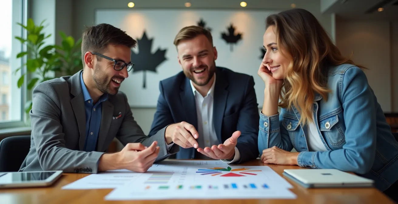 Tourism professionals reviewing pricing strategies around conference table with Canadian market data