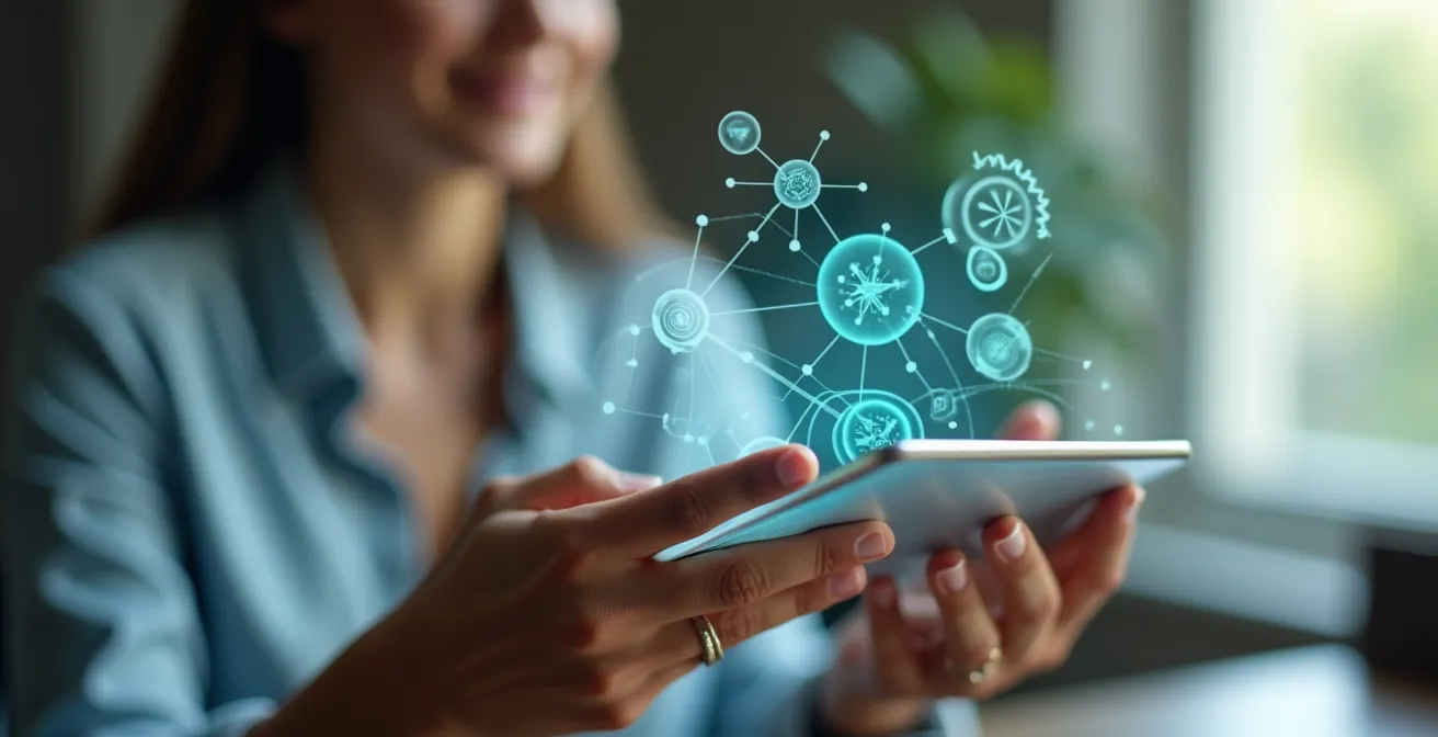 Hands holding a tablet displaying abstract AI transparency symbols