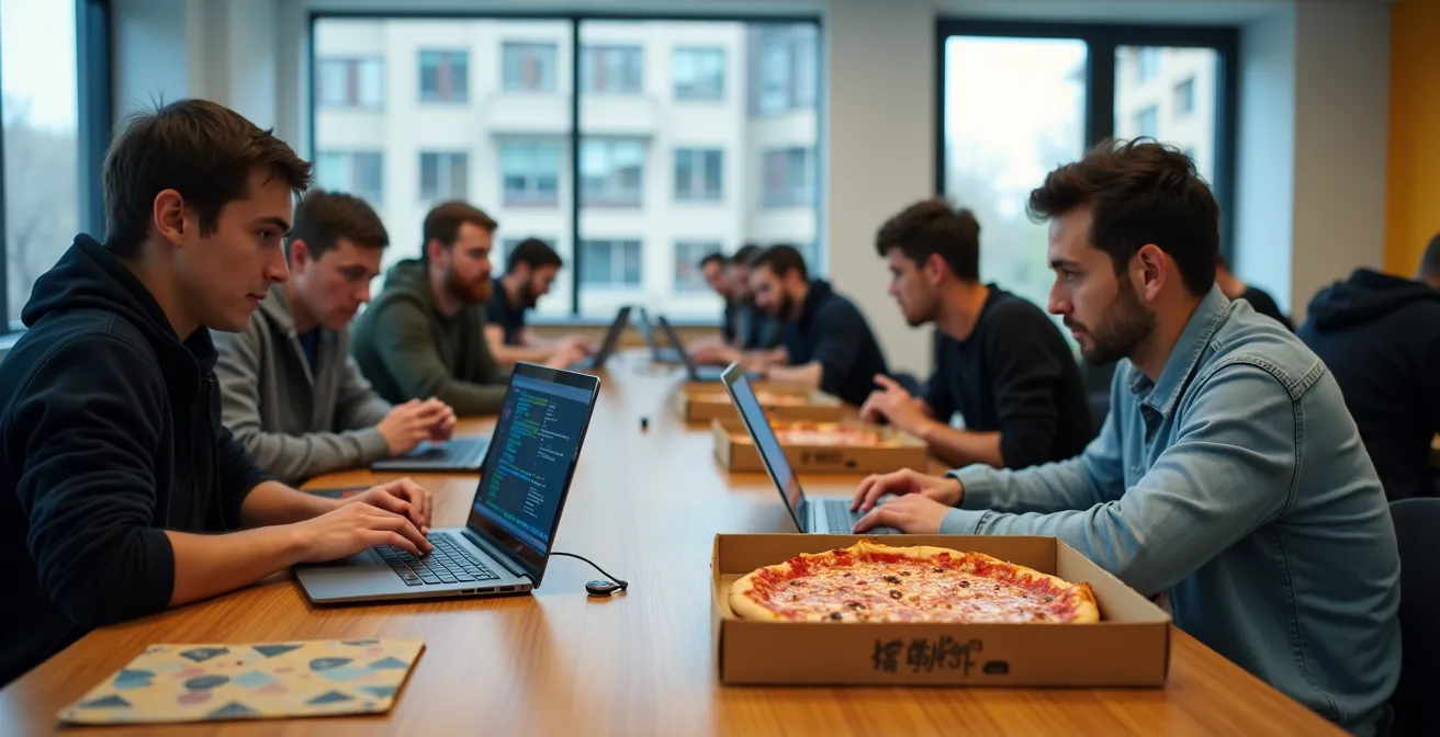 Students collaborating intensely during a hackathon event with laptops showing abstract code patterns