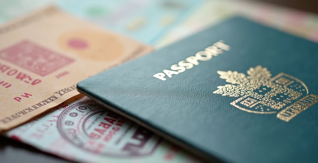 Travel documents and visa application materials organized on desk for international visitors