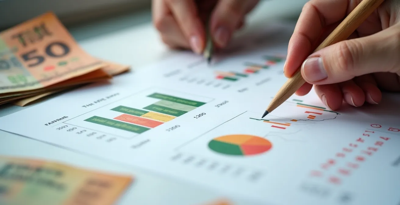 Hands pointing at financial charts on table with Canadian dollar bills subtly visible in soft focus