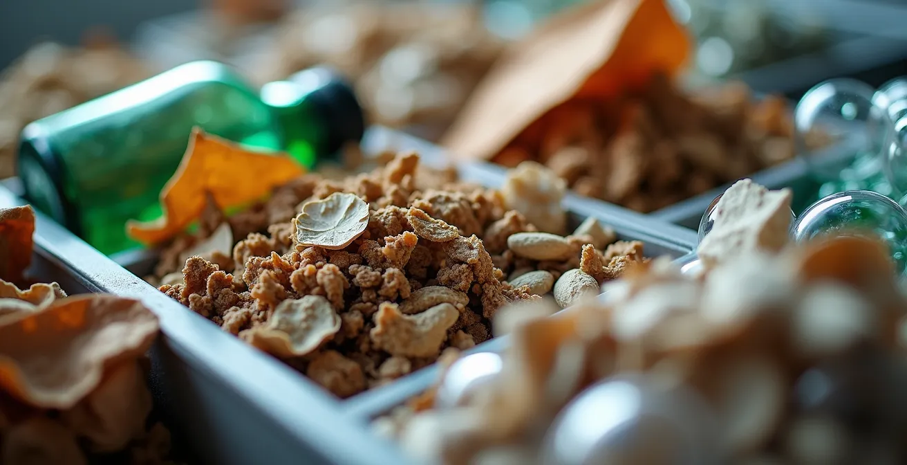 Macro view of sorted waste materials during a tourism facility audit
